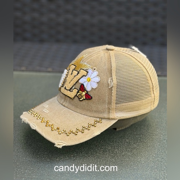 Beautiful Handmade Distressed Tan Crystal Embellished LV Collage Ball Cap main image 6